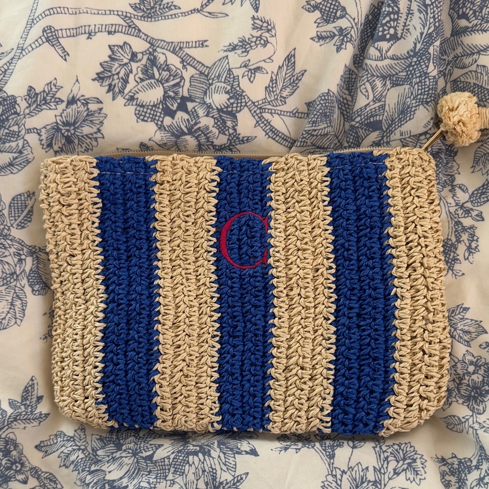 Mark & Graham Blue and Tan Crochet Cosmetic Bag